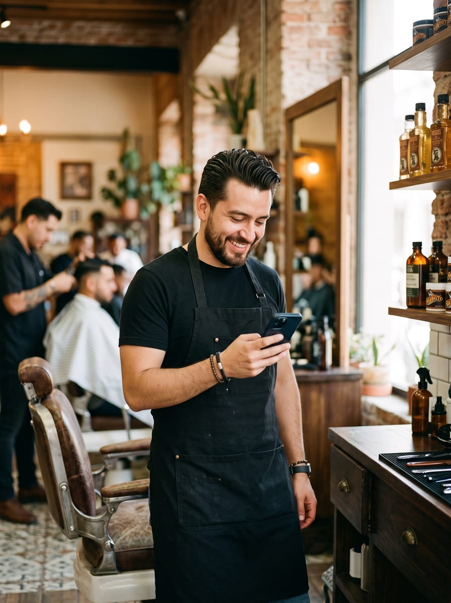 Barbero usando Buen Look en su barbería