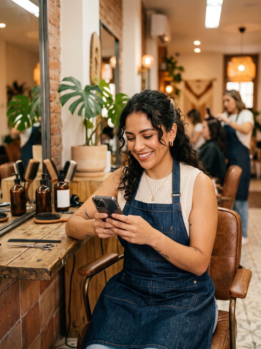 Peluquero revisando la app en la peluquería