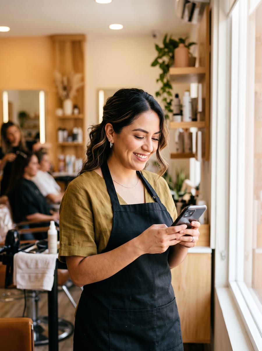 Estilista revisando la app en el salón