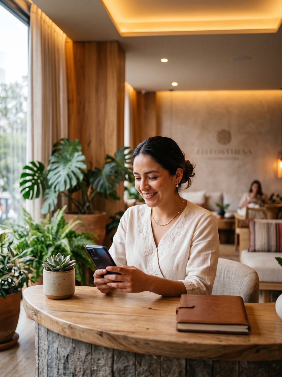 Terapeuta revisando la app en el spa